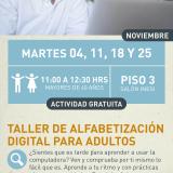 Cartel informativo mostrando a dos adultos detras de una pantalla de computadora