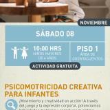 Cartel informativo mostrando a un niño sentado mientras esta jugando con cosas de madera