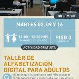 Cartel informativo mostrando un salon con varios adultos practicando sus trabajos en computadoras