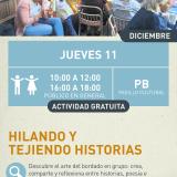 Cartel informativo mostrando un par de mujeres, una de ellas tiene hilo de bordar en lugar de cabello y la otra es adornada con flores de igualmente hilo de bordar.