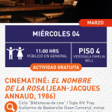 Cartel informativo mostrando parte de una película, un habitación llena de libros y un monje parado frente a una señora