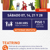 Cartel informativo mostrando un escenario donde hay 3 marionetas, las cuales son personajes del cuento de caperucita roja