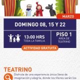 Cartel informativo mostrando un escenario donde hay 3 marionetas, las cuales son personajes del cuento de caperucita roja