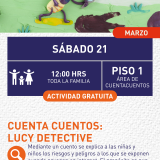 Cartel informativo mostrando a Lucy la detective, personaje de un cuento infantil
