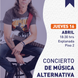 Cartel informativo mostrando un musico sentado en un banco pequeño sosteniendo su guitarra.