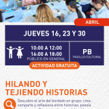 Cartel informativo mostrando un grupo de personas sentadas en una mesa grande haciendo actividades de hilos.