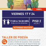 Cartel informativo mostrando el dibujo de un poeta escribiendo en una hoja enorme mientras este mismo sostiene una pluma y libro.