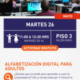 Cartel informativo mostrando a varias personas usando una sala de computadoras