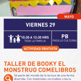 Cartel informativo mostrando un monstruo hecho con una caja y papel de colores simulando sus dientes, ojos y antenas