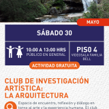 Cartel informativo mostrando una casa de piedra moderna construida sobre una cascada y un rio
