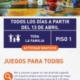 Cartel informativo mostrando una mesa llena de figuras y piezas de varios juegos