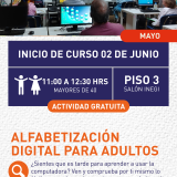 Cartel informativo mostrando a varias personas usando computadoras 
