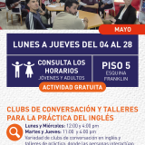 Cartel informativo mostrando a varias personas sentadas en muchas mesas dentro de un salón de clases