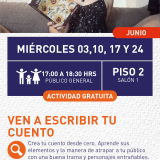 Cartel informativo mostrando a una chica de cabello rosa, sosteniendo un libro
