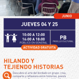 Cartel informativo mostrando a varias personas sentadas en una mesa grande haciendo trabajos de bordado