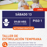 Cartel informativo mostrando a varios bebés en una guardería jugando con pelotas. 