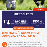 Cartel informativo mostrando a dos personas, personajes de la película saltando a la vez que hacen poses