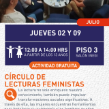 Cartel informativo mostrando a varias personas sentadas en un área amplia, prestando atención a otra