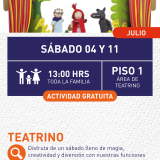 Cartel informativo mostrando un escenario donde hay 3 marionetas, las cuales son personajes del cuento de caperucita roja