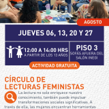 Cartel informativo mostrando a varias personas sentadas en círculo en la biblioteca
