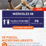 Cartel informativo mostrando una persona hablando por micrófono 