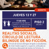 Cartel informativo mostrando a varias personas leyendo muchos libros