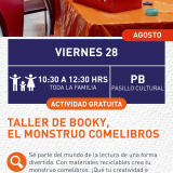 Cartel informativo mostrando una caja de cartón que tiene forma y color de Booky, la mascota de la biblioteca
