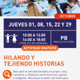 Cartel informativo mostrando a varias personas sentadas en una mesa grande haciendo trabajos de bordado