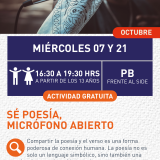Cartel informativo mostrando una mano sosteniendo un micrófono y un pañuelo
