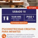 Cartel informativo mostrando un niño jugando con cosas de madera