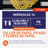 Cartel informativo mostrando una hoja de papel de china decorado con temática del día de muertos 