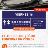 Cartel informativo mostrando un disco de vinilo en su respectivo tocadiscos