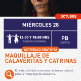Cartel informativo mostrando una persona caracterizada de catrina