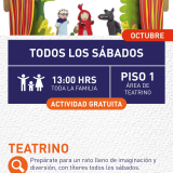 Cartel informativo mostrando un escenario donde hay 3 marionetas, las cuales son personajes del cuento de caperucita roja