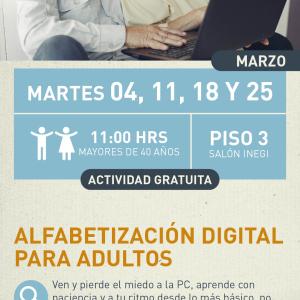 cartel informativo mostrando a una persona adulta en una computadora