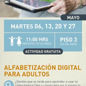 cartel informativo mostrando a una persona adulta usando una tablet