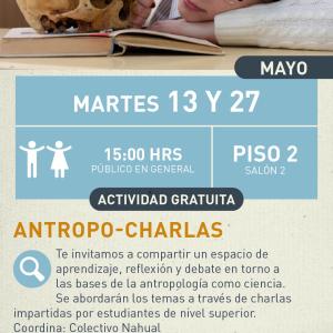cartel informativo mostrando a una mujer con una lupa viendo una calavera