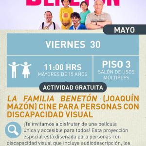 cartel informativo mostrando una familia y el titulo de la pelicula