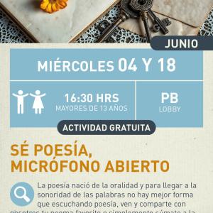 Cartel informativo mostrando unas flores, un juego de llaves y un par de hojas de un libro viejo.