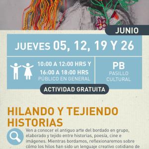 Cartel informativo mostrando un par de mujeres, una de ellas tiene hilo de bordar en lugar de cabello y la otra es adornada con flores de igualmente hilo de bordar.