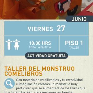 Cartel informativo mostrando un monstruo comelibros hecho con una caja y demas manualidades