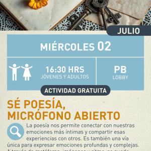 Cartel informativo mostrando unas flores, un juego de llaves y un par de hojas de un libro viejo.