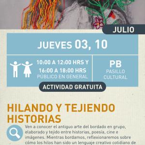 Cartel informativo mostrando un par de mujeres, una de ellas tiene hilo de bordar en lugar de cabello y la otra es adornada con flores de igualmente hilo de bordar.