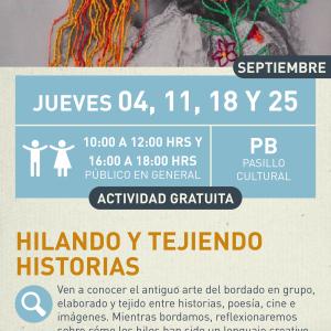 Cartel informativo mostrando un par de mujeres, una de ellas tiene hilo de bordar en lugar de cabello y la otra es adornada con flores de igualmente hilo de bordar.