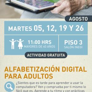 Cartel informativo mostrando a una persona usando una tablet.