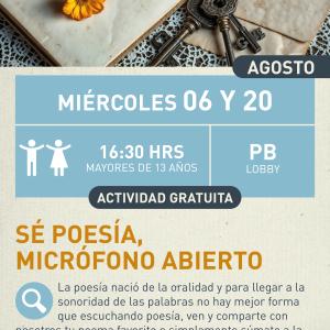 Cartel informativo mostrando unas flores, un juego de llaves y un par de hojas de un libro viejo.