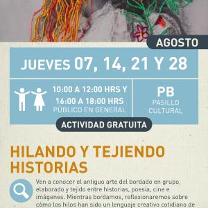 Cartel informativo mostrando un par de mujeres, una de ellas tiene hilo de bordar en lugar de cabello y la otra es adornada con flores de igualmente hilo de bordar.