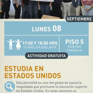 Cartel informativo mostrando a un grupo de chichos los cuales sostienen un logotipo de EducationUSA