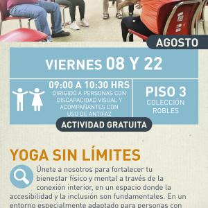 Cartel informativo mostrando a muchas personas sentadas formando un circulo, mientras realizan ejercicios de estiramiento