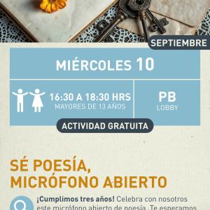 Cartel informativo mostrando un ramo de flores que estan arriba de un libro viejo junto a unas llaves